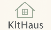 KitHaus Logo a stylized house in sage green on an invory background with the KitHaus name beneath